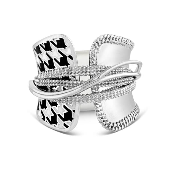 Pied De Poule Sarmalve Glossy Plate Detailed Black and White Enamel Silver Ring