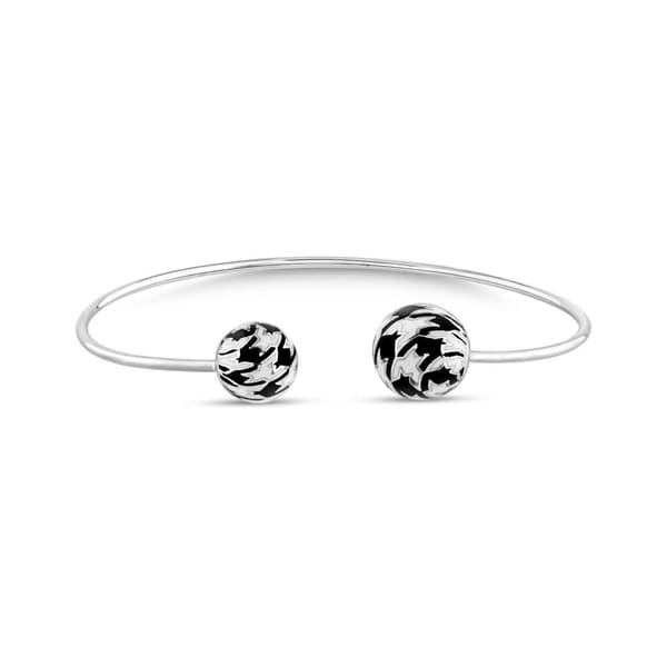 Pied De Poule Black and White Enamel Open Cuff Silver Bracelet