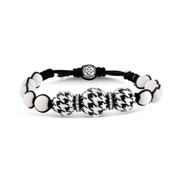 Pied De Poule Black and White Enamel Zircon Stone Cord Silver Bracelet