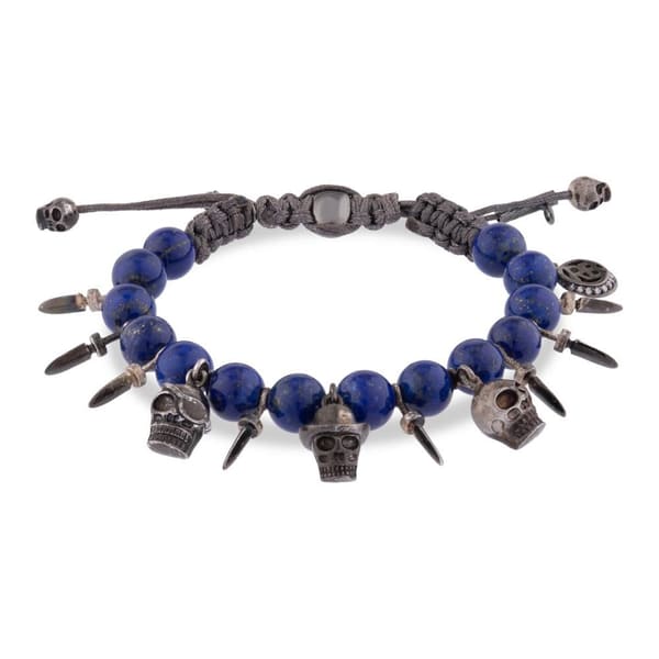 Shamballa Natural Lapis Lazuli Stone Skull Charm Men's Silver Bracelet