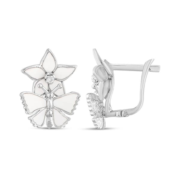 White Dreams White Enamel Flower and Butterfly Figure Silver Earrings