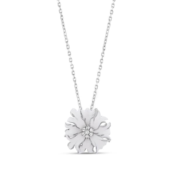 White Dreams White Enamel Zircon Stone Centered Flower Silver Necklace