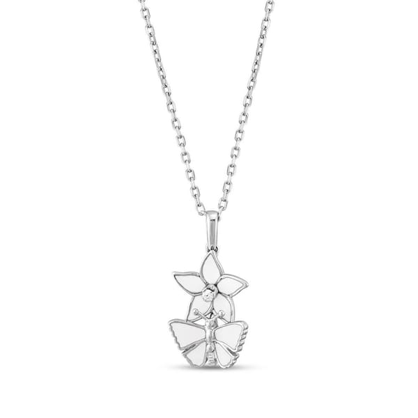 White Dreams White Enamel Flower and Butterfly Figure Silver Necklace