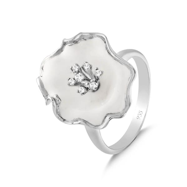 White Dreams Bud Flower Design Silver Ring