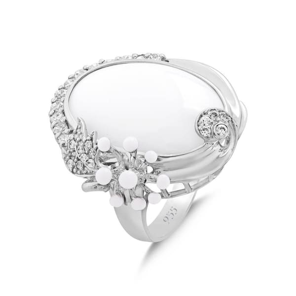 White Dreams Oval White Stone Enamel Bud Detail Silver Ring