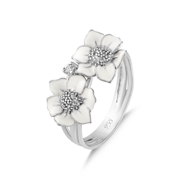 White Dreams White Enamel Double Flower Silver Ring