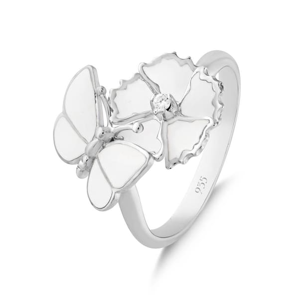 White Dreams Butterfly and Flower Design Silver Ring