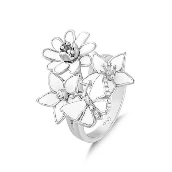 White Dreams White Enamel Flower and Butterfly Figure Silver Ring