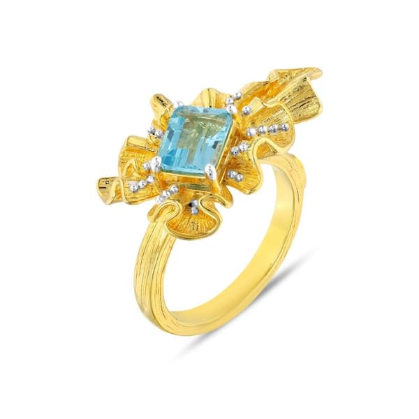 Kaleidoscope Collection Gold Plated Rectangular Blue Stone Silver Ring
