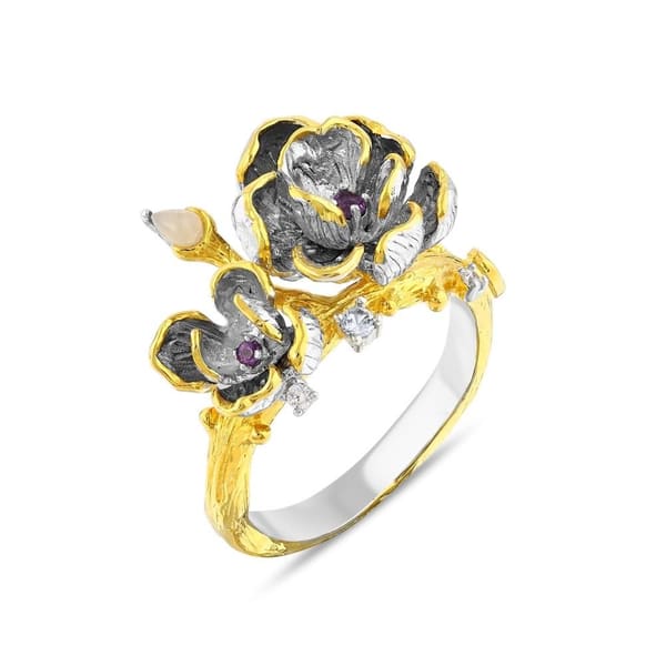 Kaleidoscope Collection Purple Stone Floral Design Silver Ring