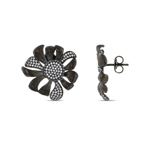 Kaleidoscope Collection Night Black Stone Elegant Flower Figure Silver Earrings