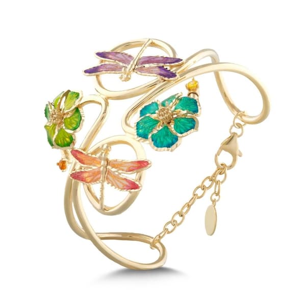 Le Jardin Yellow Plated Colorful Enamel Dragonfly and Flower Figured Bracelet
