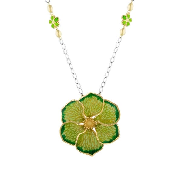Le Jardin Yellow Plated Large Floral Motif Semi-Transparent Green Enamel Necklace