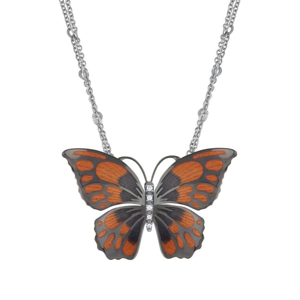 Le Jardin Anthracite and Orange Enamel Stone-Embellished Large Butterfly Silver Necklace