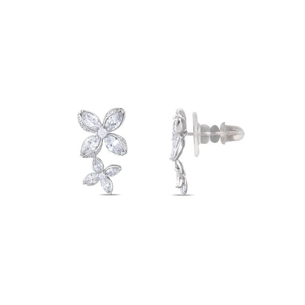 Gift Collection Marquise Cut Double Flower Drop Silver Earrings