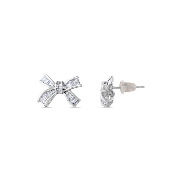 Gift Collection Baguette Cut Stone Bow Design Silver Stud Earrings