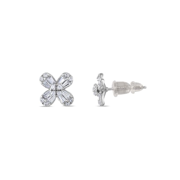 Gift Collection Baguette Cut Stone Four-Leaf Clover Silver Stud Earrings