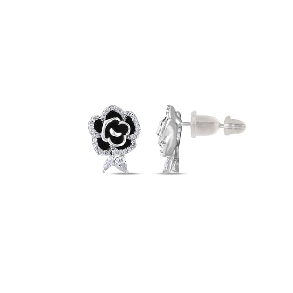 Серьги-подвески Gift Collection из серебра с черной эмалью, камнями и деталями в виде листьев