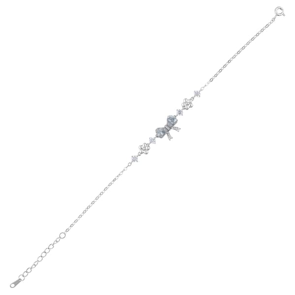 Gift Collection Bow and Flower Motif Zircon Stone Silver Chain Bracelet