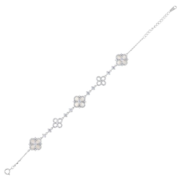 Gift Collection Mother-of-Pearl and Zircon Stone Four-Leaf Clover Silver Women's Bracelet