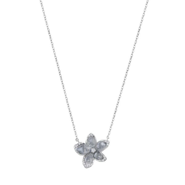 Gift Koleksiyonu Gri/Lavanta Tonlu Mine İşçilikli Çiçek Motifli Gümüş Kolye