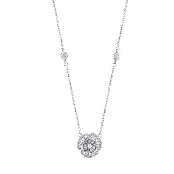 Gift Collection Baguette and Round Stone Rose Motif Silver Women's Necklace