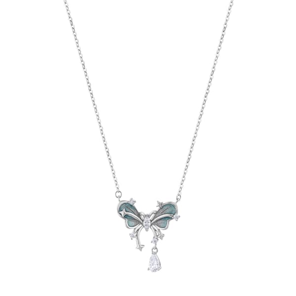 Gift Collection Blue Enamel Dangle Teardrop Stone Butterfly Silver Women's Necklace