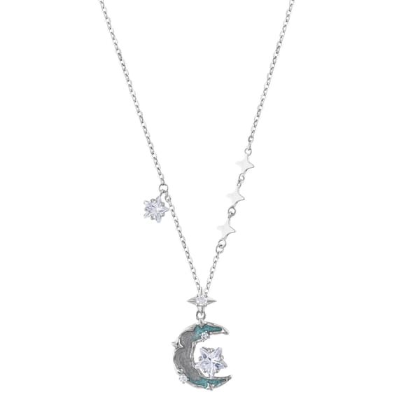 Gift Collection Colorful Enamel Moon and Star Cut Zircon Stone Silver Women's Necklace