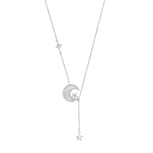 Gift Collection Mother-of-Pearl Moon and Star Detailed Zircon Stone Silver Y Necklace