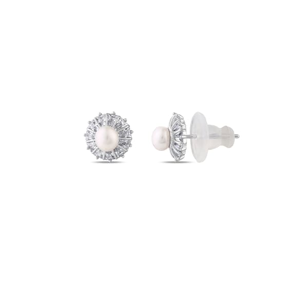 Gift Collection Baguette Stone Sun-Shaped Pearl Silver Stud Earrings