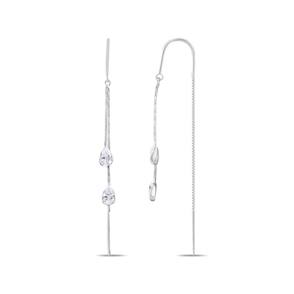 Gift Collection Two-Drop Stone Thin Chain Dangle Silver Earrings