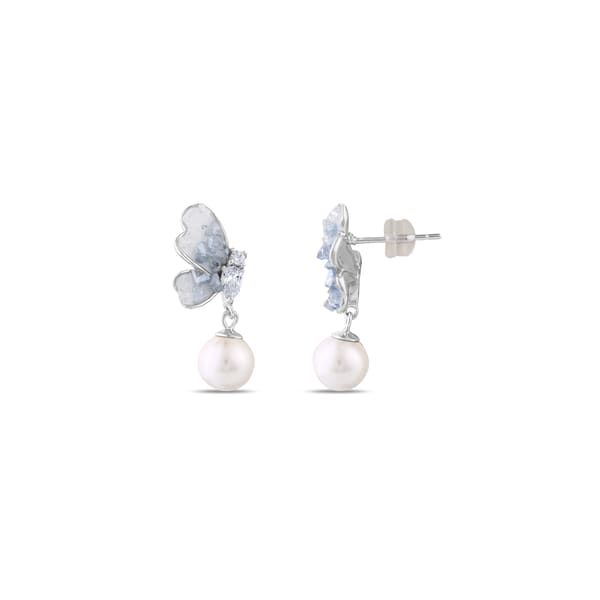 Gift Collection Ice Blue Stone Butterfly Figure Pearl Silver Earrings