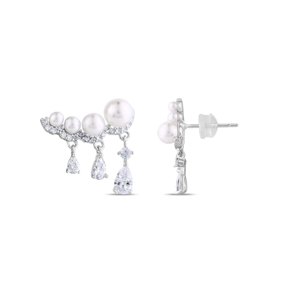 Gift Collection Curved Silver Ear Climber Earrings with Lined Pearls and Teardrop Stones