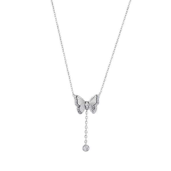 Gift Collection Dangle Butterfly Motif Zircon Stone Silver Y Necklace