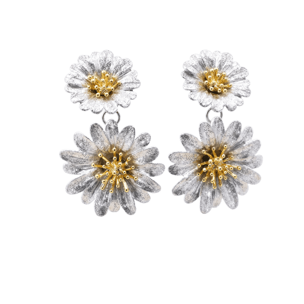 Flowers Koleksiyonu Çift Çiçek Formlu Altın Detaylı Gümüş Küpe