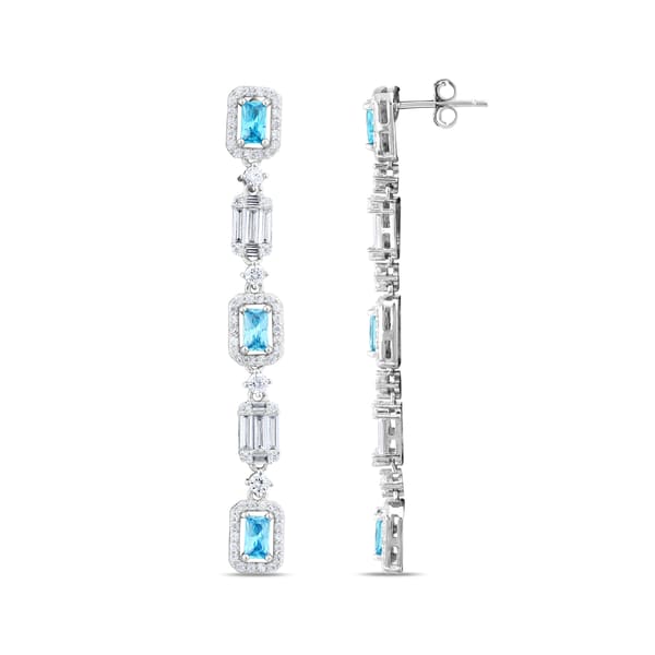 Baguette Collection Blue and White Baguette Stone Five-Drop Silver Earrings