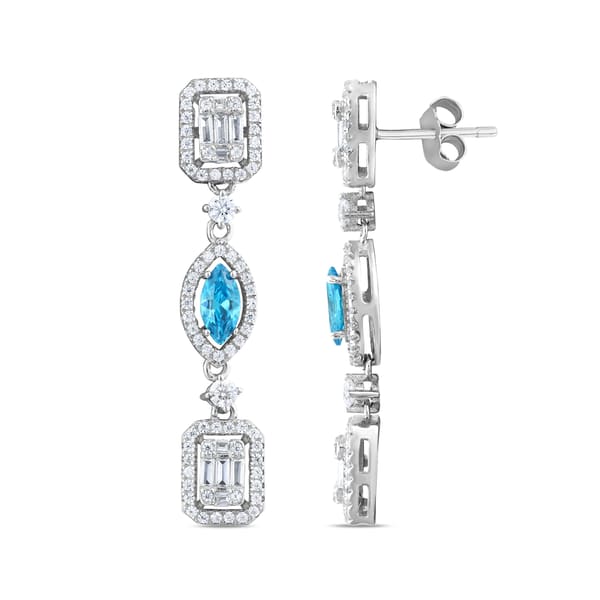 Baguette Collection Silver Blue Marquise and Baguette Stone Triple Dangle Silver Earring