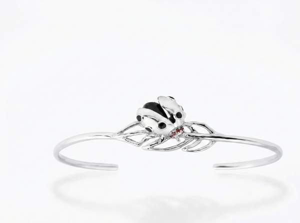 Ladybee Collection Open-Ended Ladybug and Leaf Design Silver Bangle