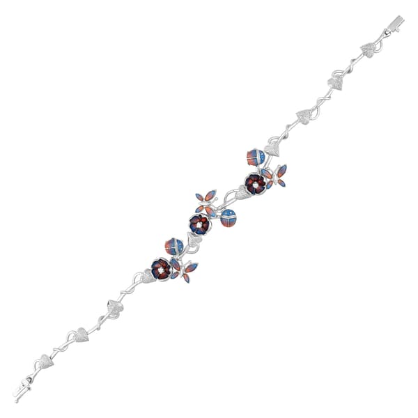 Gallica Red Blue Enamel Flower and Butterfly Figured Vine Silver Bracelet