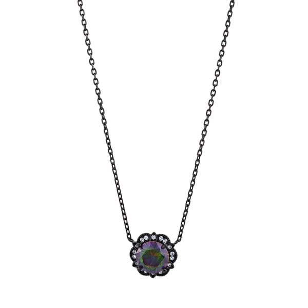 Black Magic Collection Black Crystal Stone Flower Silver Necklace