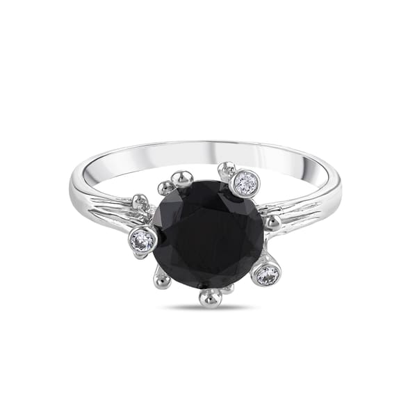 Gift Collection Black Solitaire Silver Ring with Side Stones