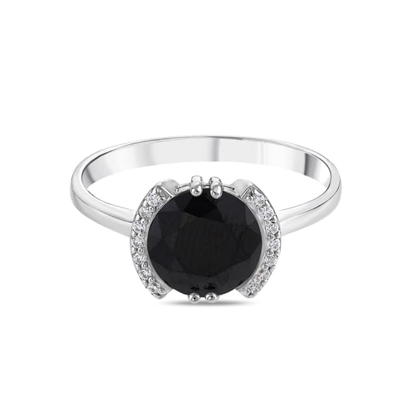 Gift Collection Round Cut Black Stone Ring with Shimmering Side Strips Silver