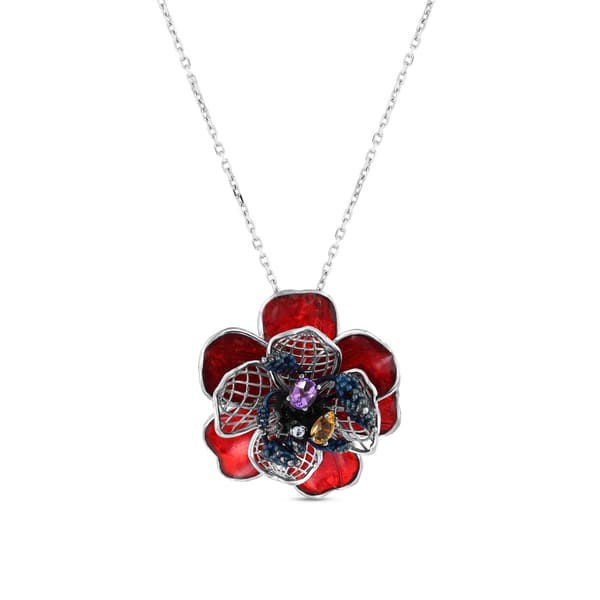 Gallica Red Enamel Cage Detail Colorful Stone Flower Silver Necklace