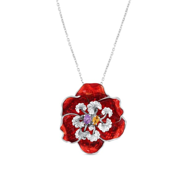 Gallica Red Enamel Textured Inner Colorful Stone Flower Silver Necklace