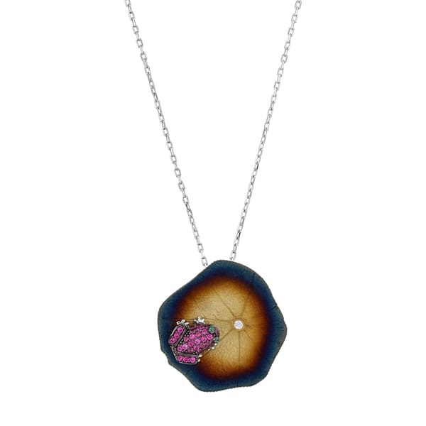 Global Warming Burnt Enamel Pink Stone Frog Figure Necklace