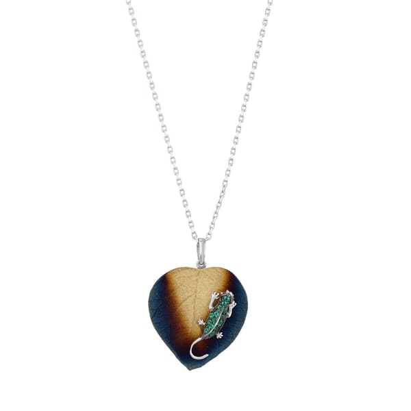 Global Warming Burnt Enamel Green Stone Lizard Figure Heart Necklace