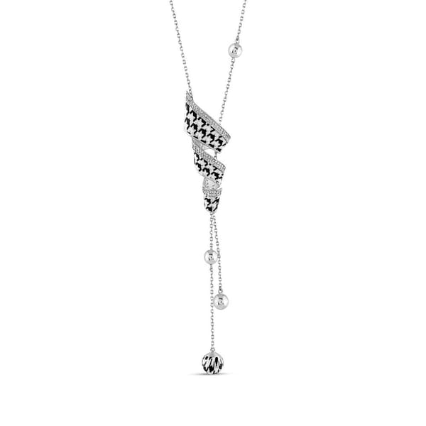 Houndstooth Black and White Enamel Zircon Stone Y-Shaped Silver Necklace