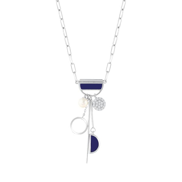 Lucky Gems Collection Paperclip Chain Silver Necklace with Lapis and Pearl Details