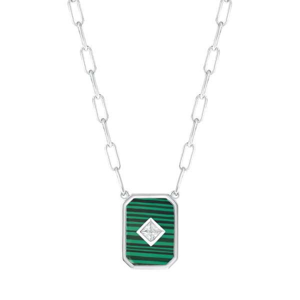Lucky Gems Collection Malachite Stone Rectangular Medallion Silver Necklace