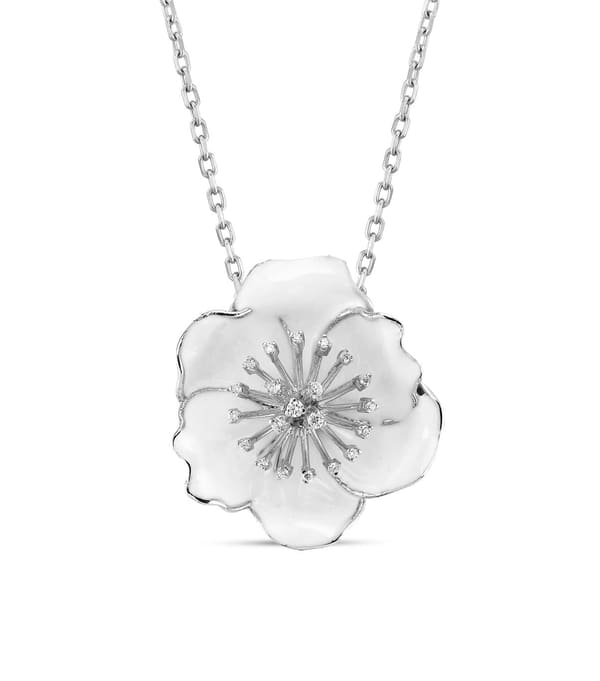 White Dreams White Enamel Zircon Stone Tipped Flower Silver Necklace